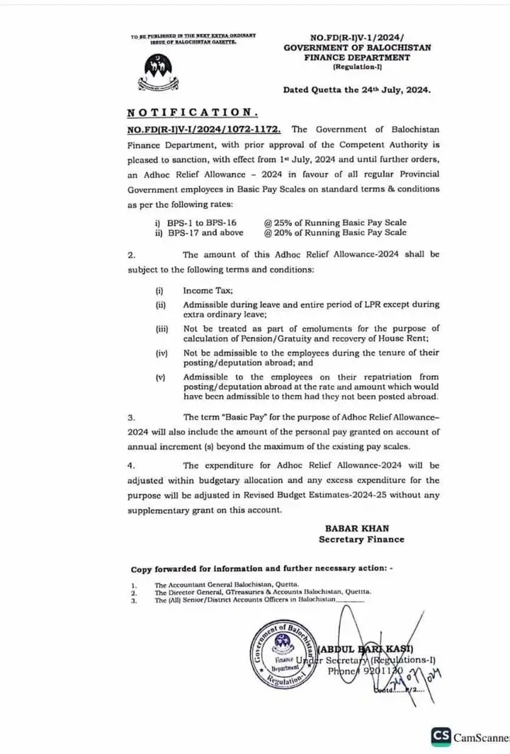 Notification ARA-2024 Balochistan @ 25% and 20% of Running Basic Pay