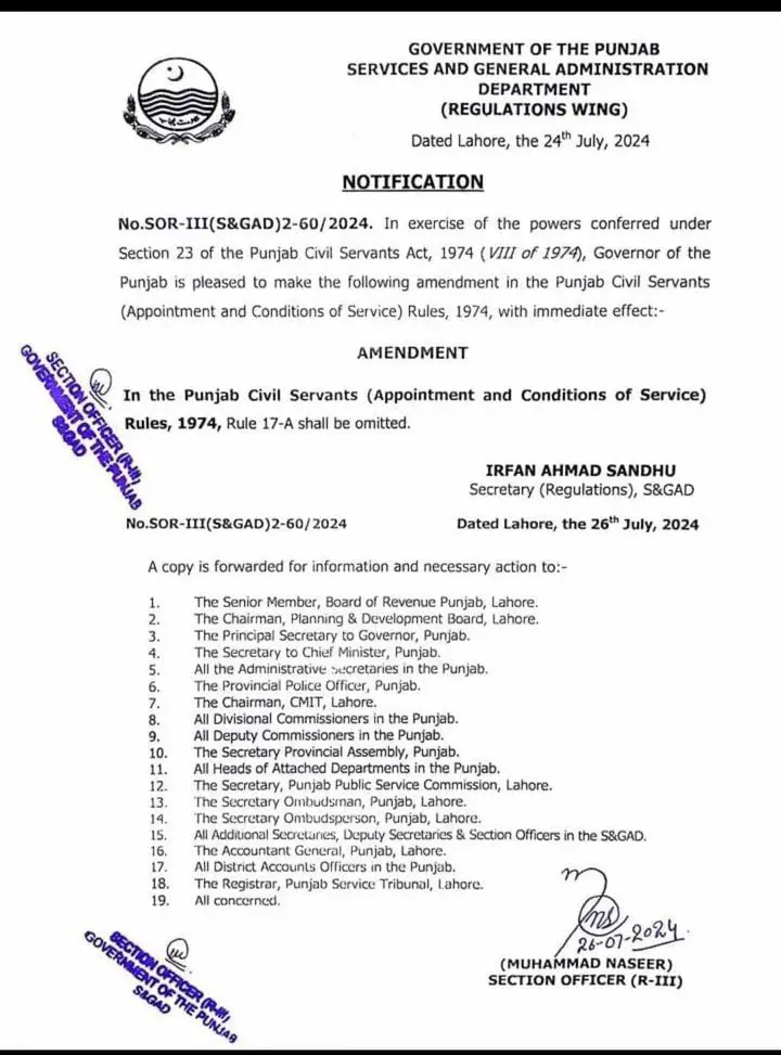 Notification Omitting Rule 17-A from Appointment Rules Punjab