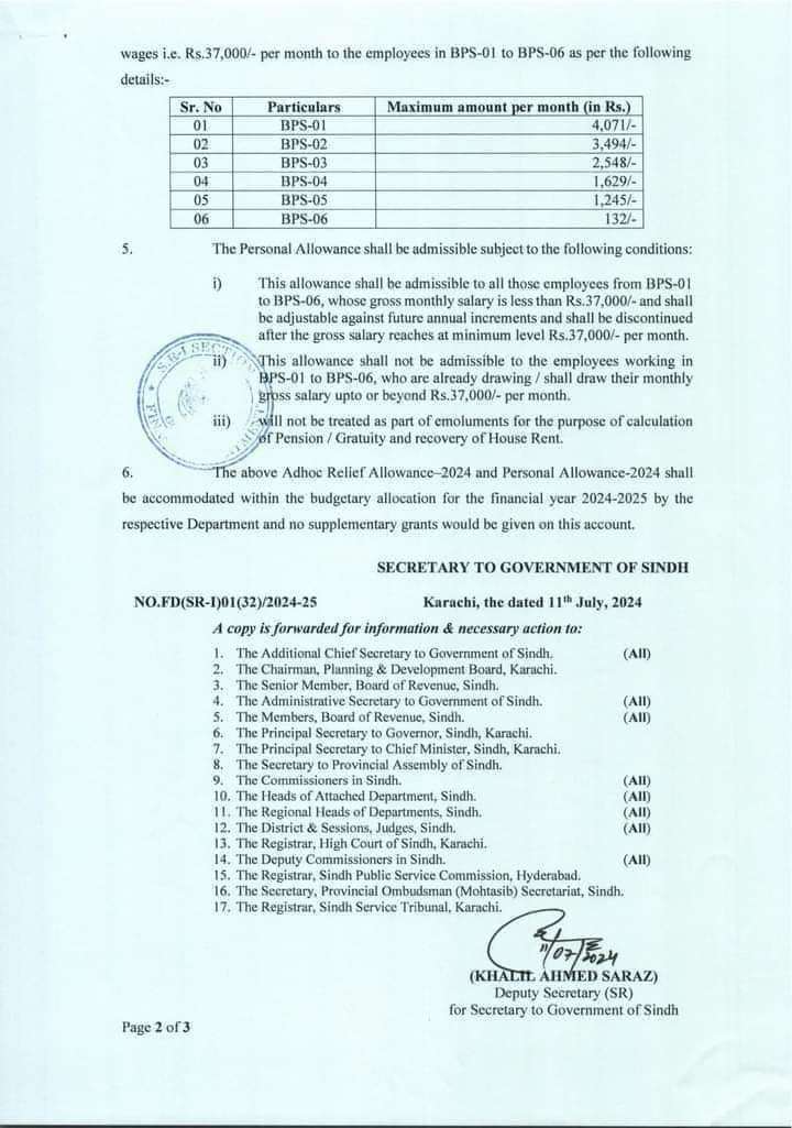 Notification Personal Allowance 2024 Sindh