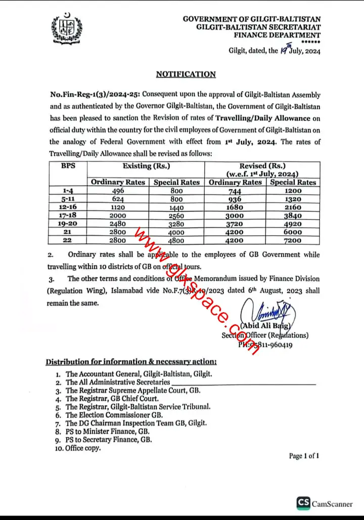 Revised Rates of Travelling Allowance Daily Allowance 2024 (TADA) GB