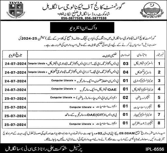 Visiting Faculty Teaching Staff Vacancies in GCT Sangla Hill