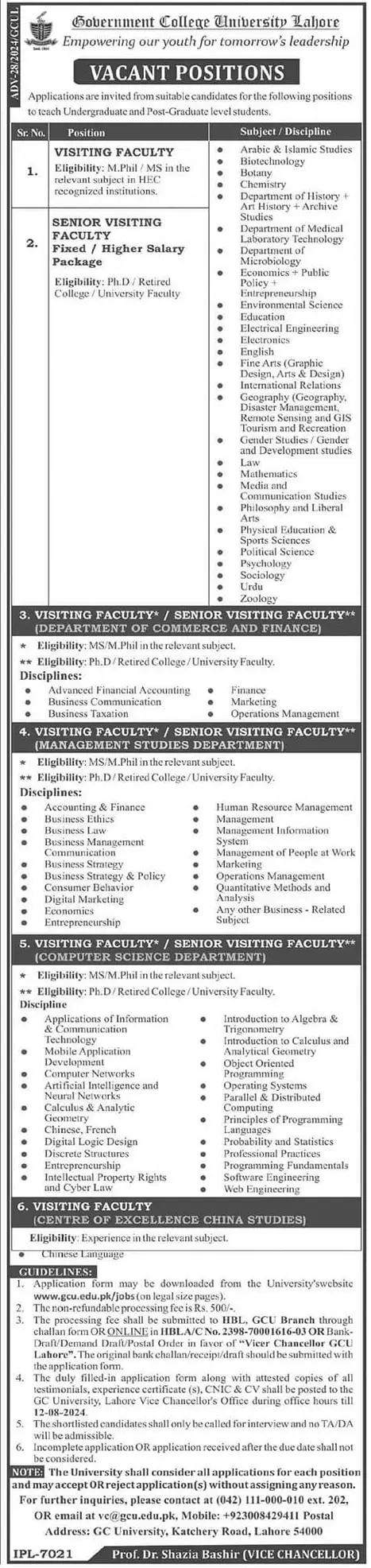 Visiting Faculty Vacancies in GCU Lahore 2024