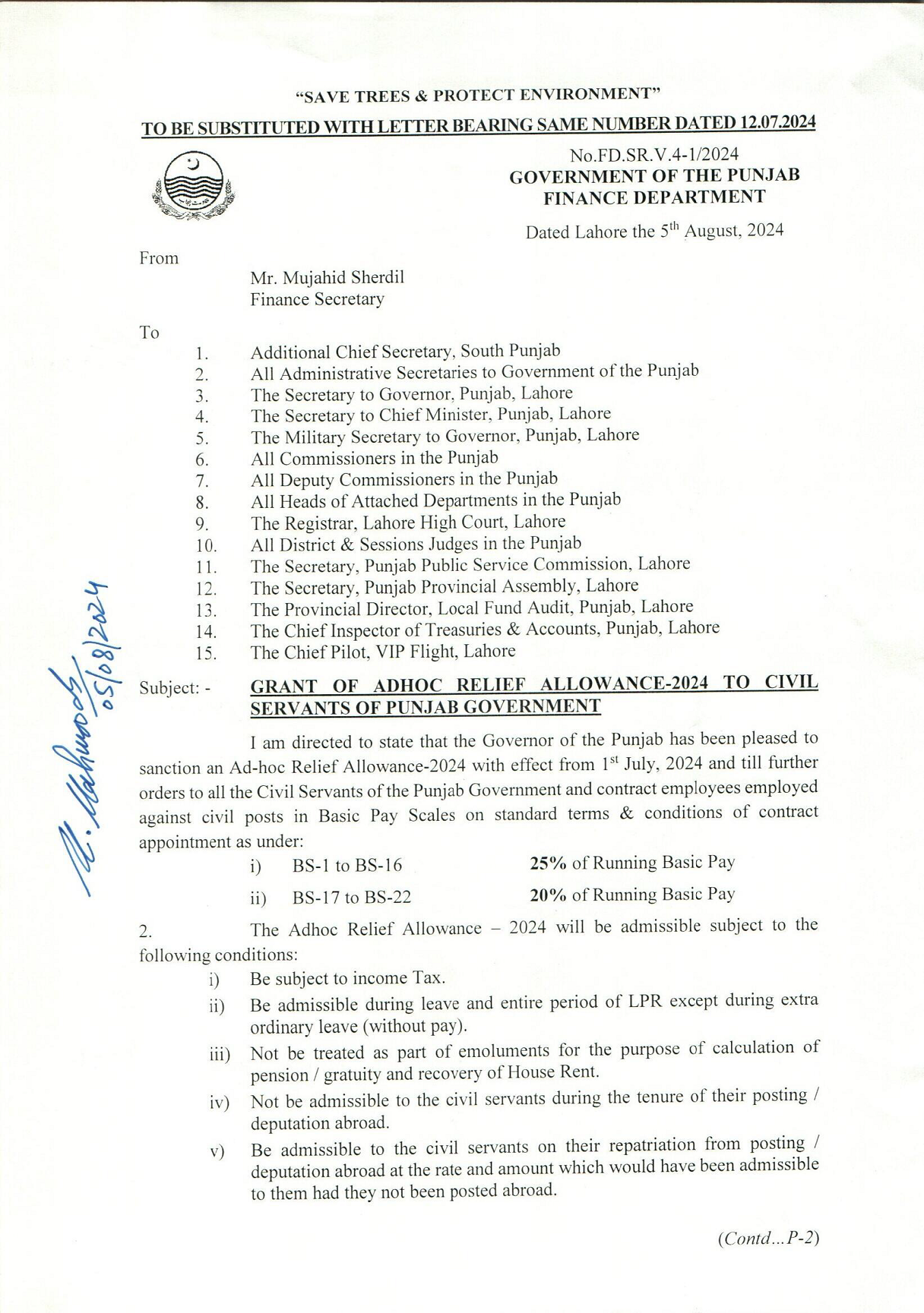 Revised Notification Adhoc Relief Allowance 2024 Punjab