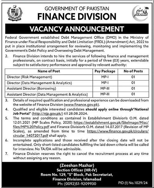 MP-I to MP-III Vacancies in Finance Division 2024