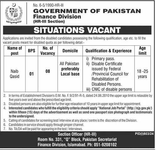 Naib Qasids (BPS-01) Vacancies 2024 in Finance Division