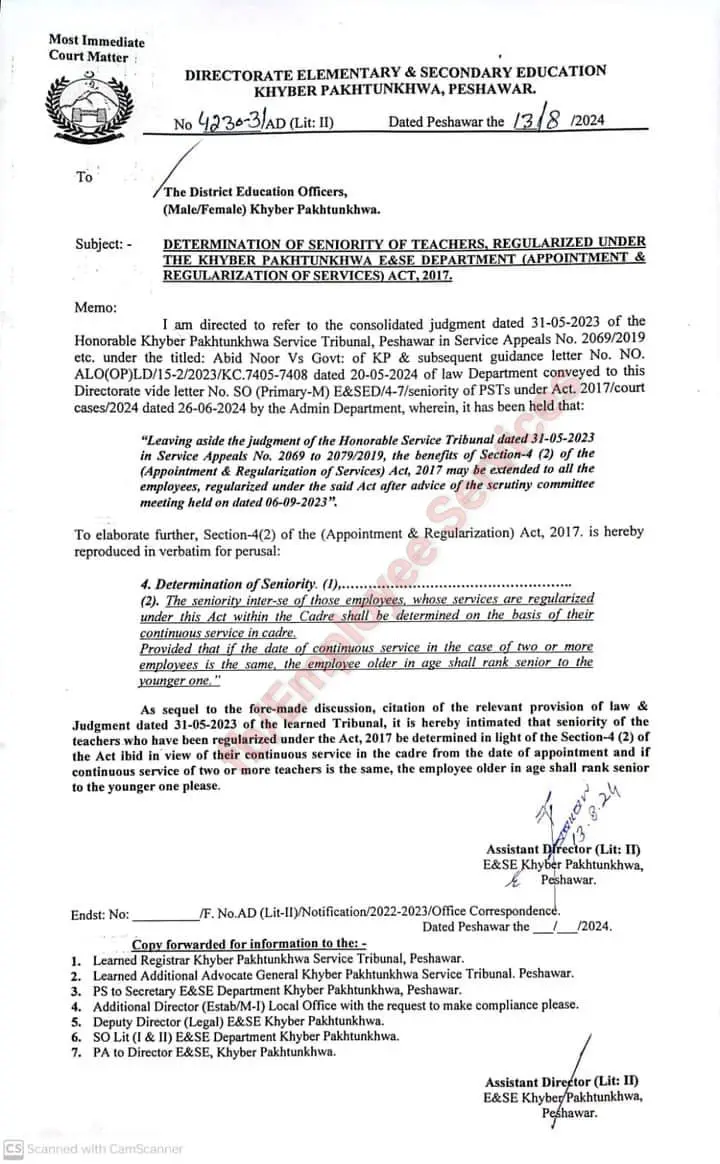 Notification Determination of Seniority of Teachers on Regularization KP