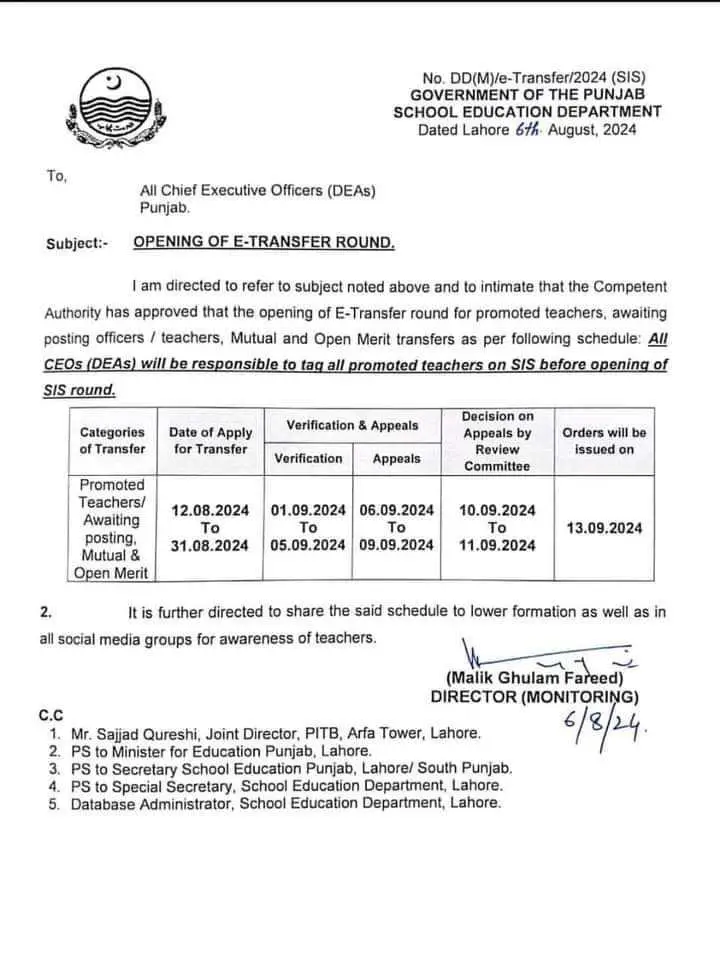 Notification Opening e-Transfer Round SED Punjab 2024