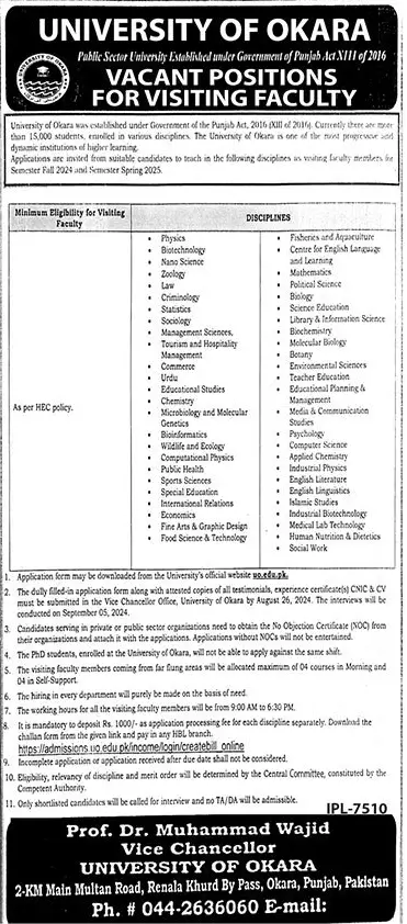 Teaching Vacancies in University of Okara