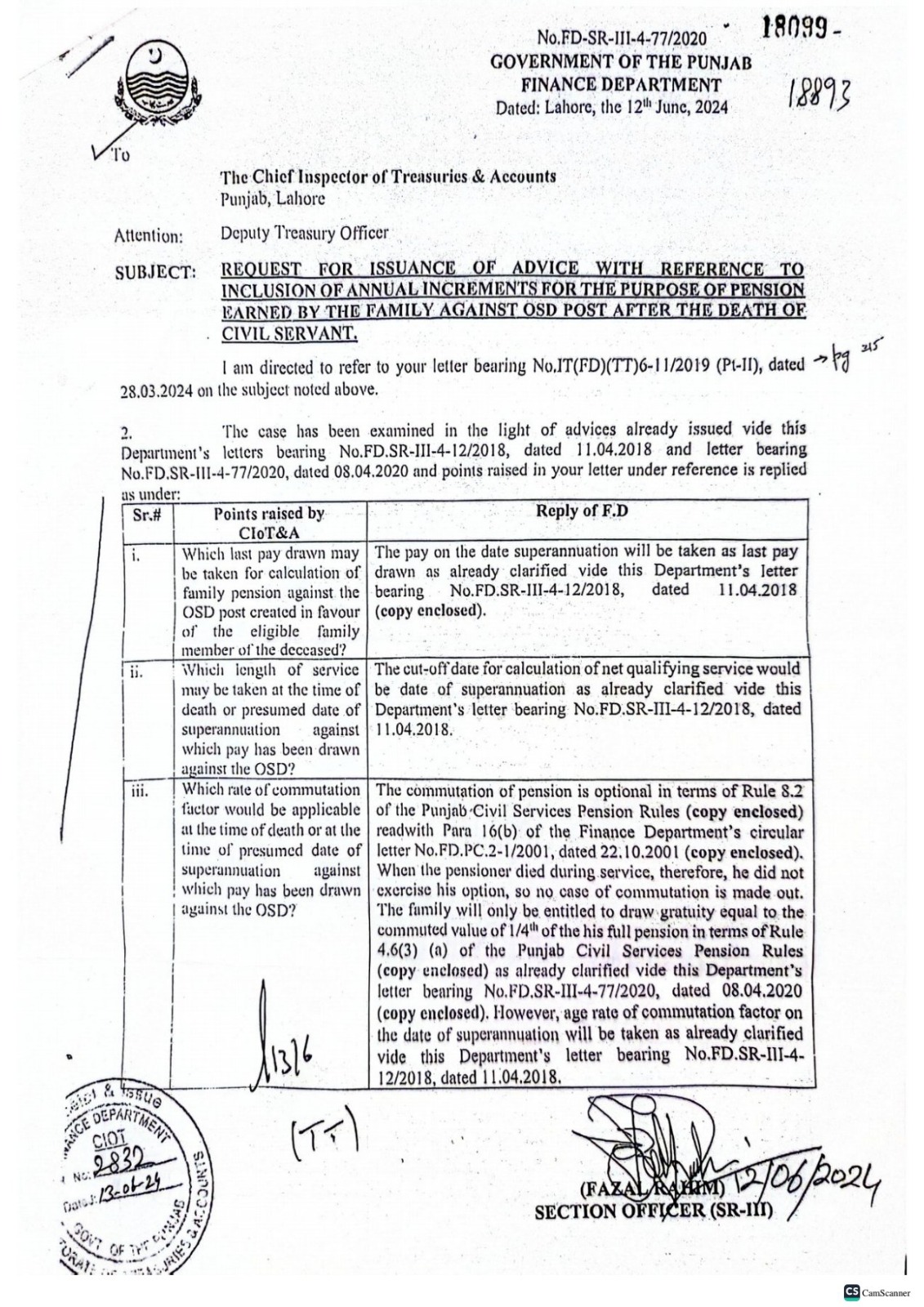 Notification Inclusion of Annual Increments for Pension Earned by Family Against OSD Post after death