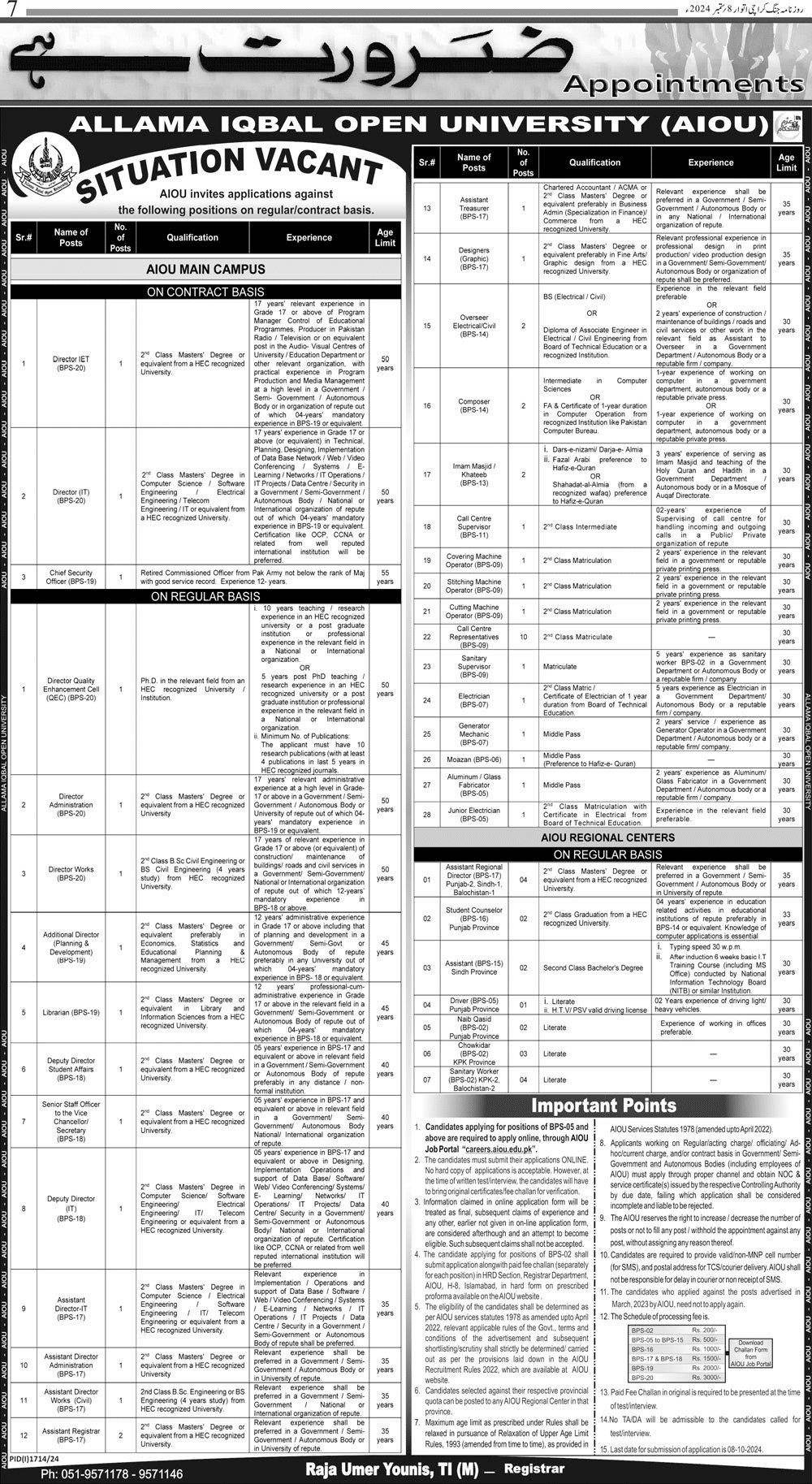 AIOU Islamabad Latest Jobs September 2024