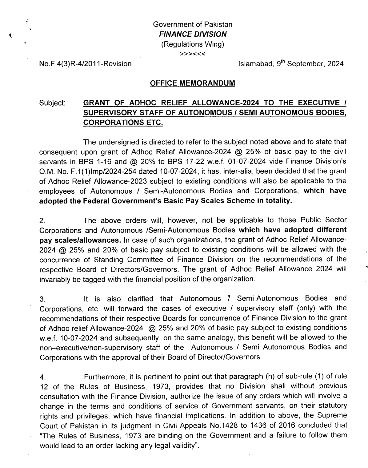 Notification Grant of Adhoc Relief Allowance (ARA) 2024 to Supervisory / Executive Staff