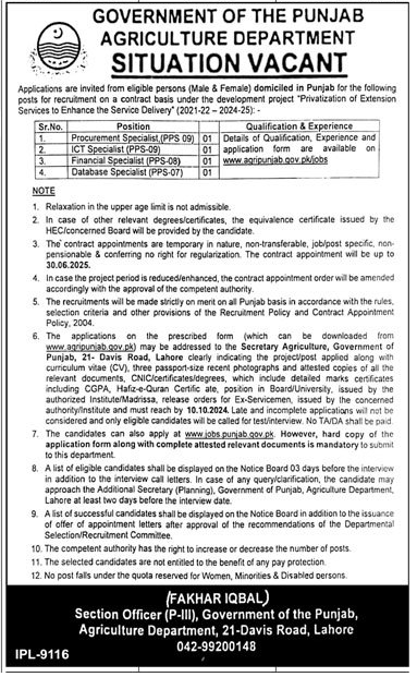 Agriculture Department Punjab Vacancies 