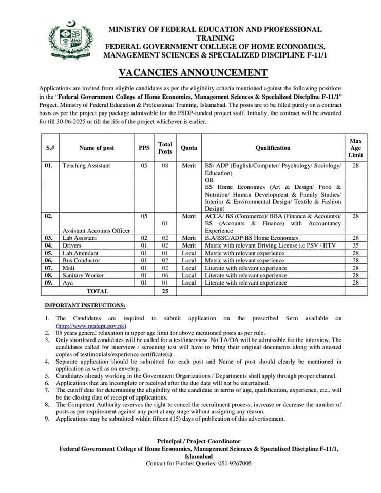 Government Jobs in Islamabad in Ministry of Federal Education