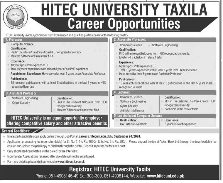 HITEC University Taxila Job Vacancies Sep 2024