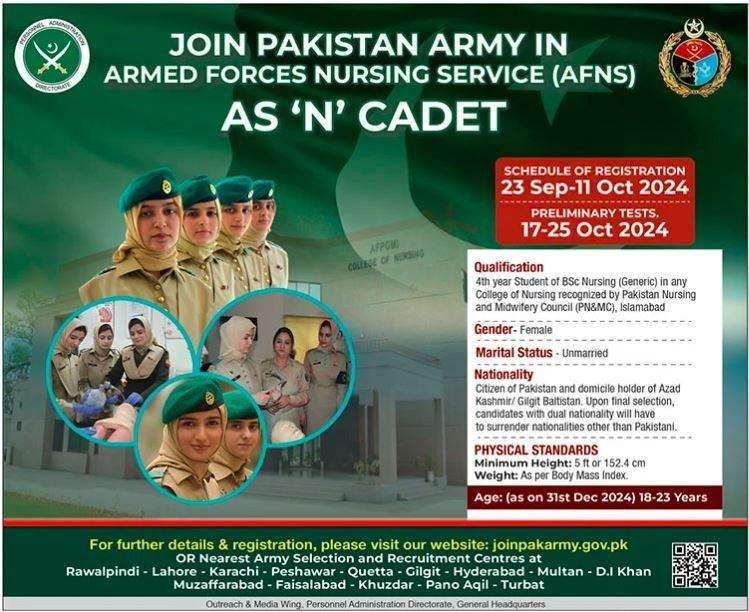 Join Pakistan Army in Armed Forces Nursing Service (AFNS) 2024 As ‘N’ CADET