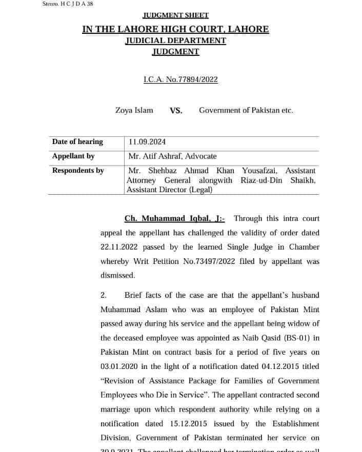 Judgment Copy of LHC regarding Job Status on Re-Marriage of Widow