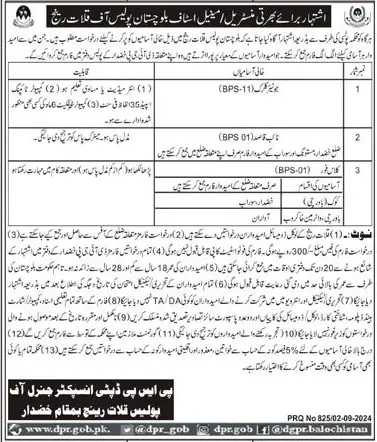 Ministerial and Menial Staff Vacancies in Police Department Kalat Balochistan 2024