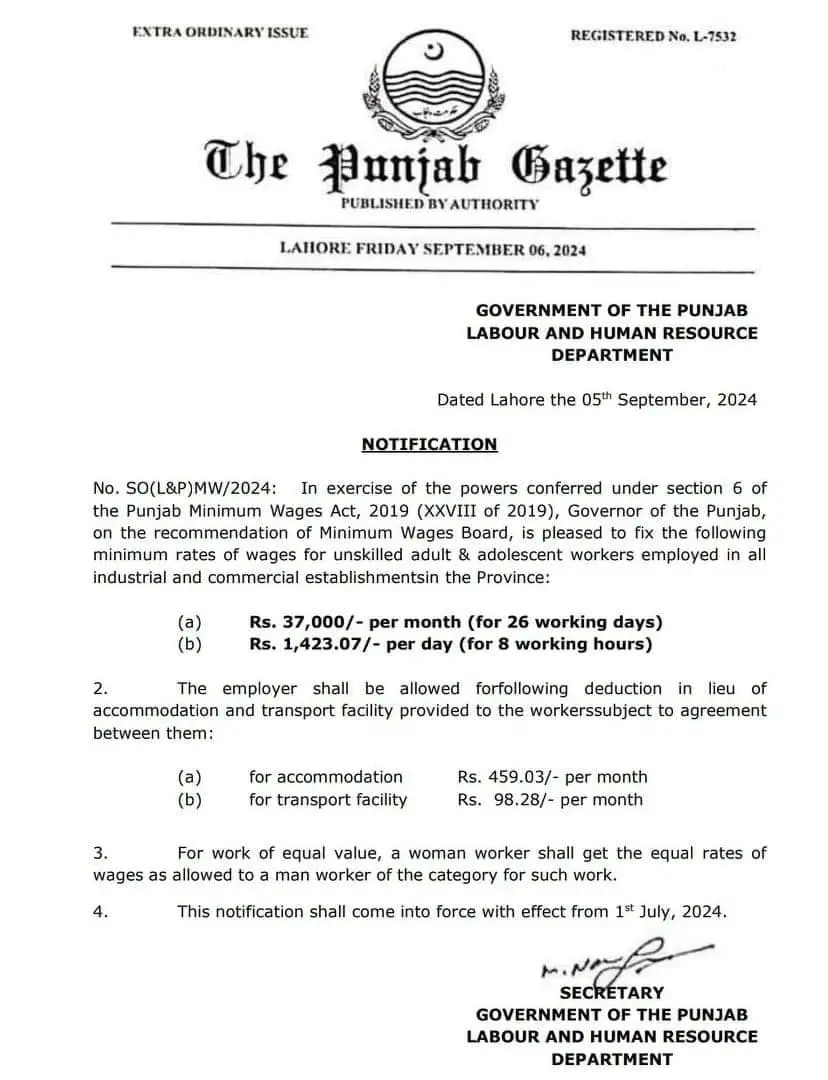 Notification Minimum Wages Rates Punjab 2024 (Monthly and Daily)