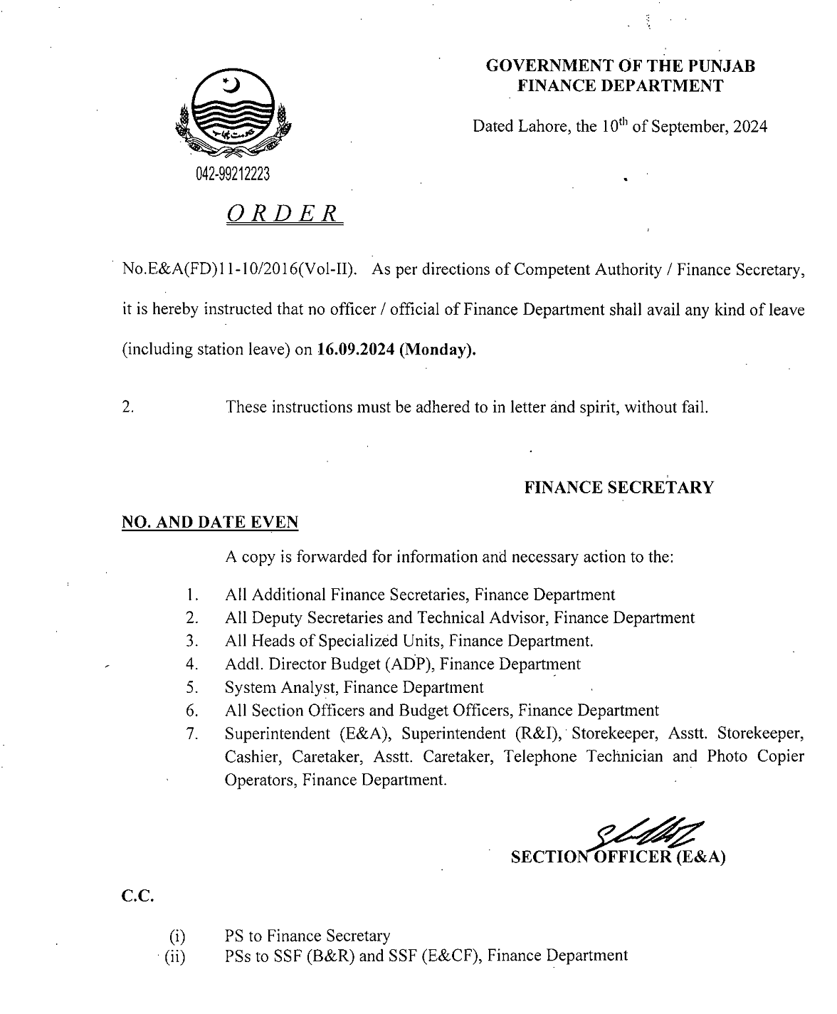 Notification Order about Leave on 16th Sep 2024 (Monday) including Station Leave