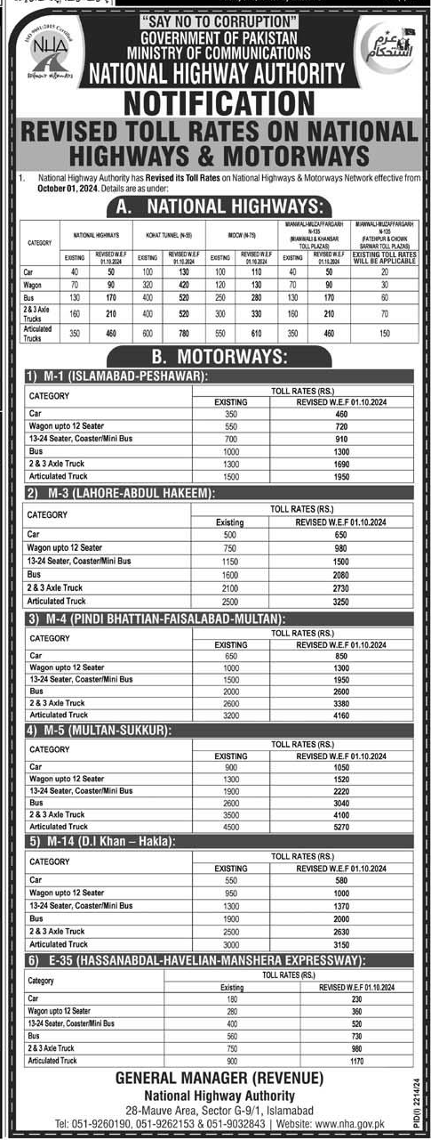 Revised Toll Rates on National Highways and Motorways wef 1st Oct 2024