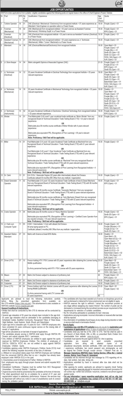 OTS WAPDA Jobs Sep 2024 BPS-06 to BPS-16