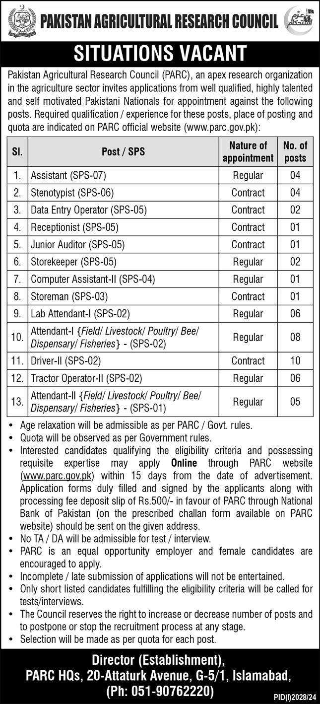 PARC Government Jobs in Pakistan 2024