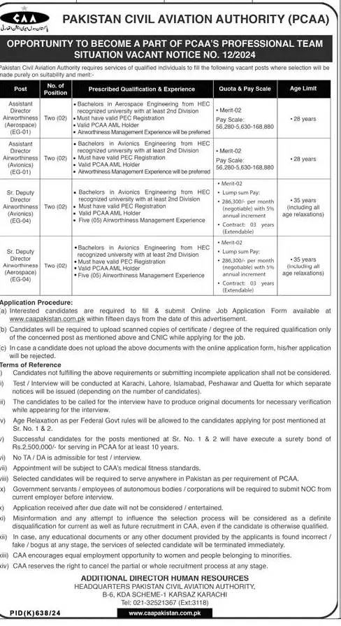 Pakistan Civil Aviation Authority (PCAA) Job Vacancies Sep 2024