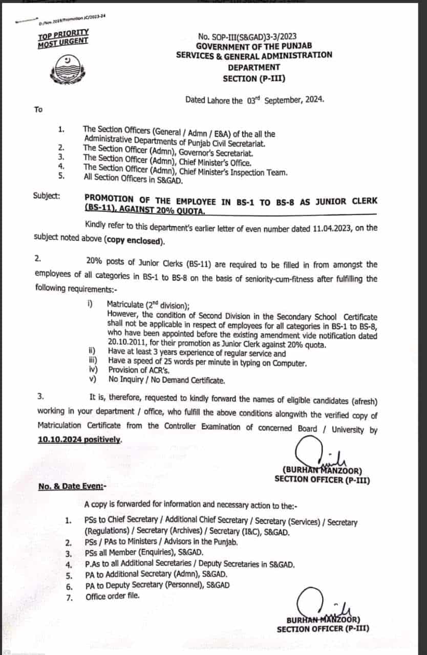 Promotion of the Employee in BPS-01 to BPS-08 as Junior Clerk (BPS-11) Punjab Against 20% Quota