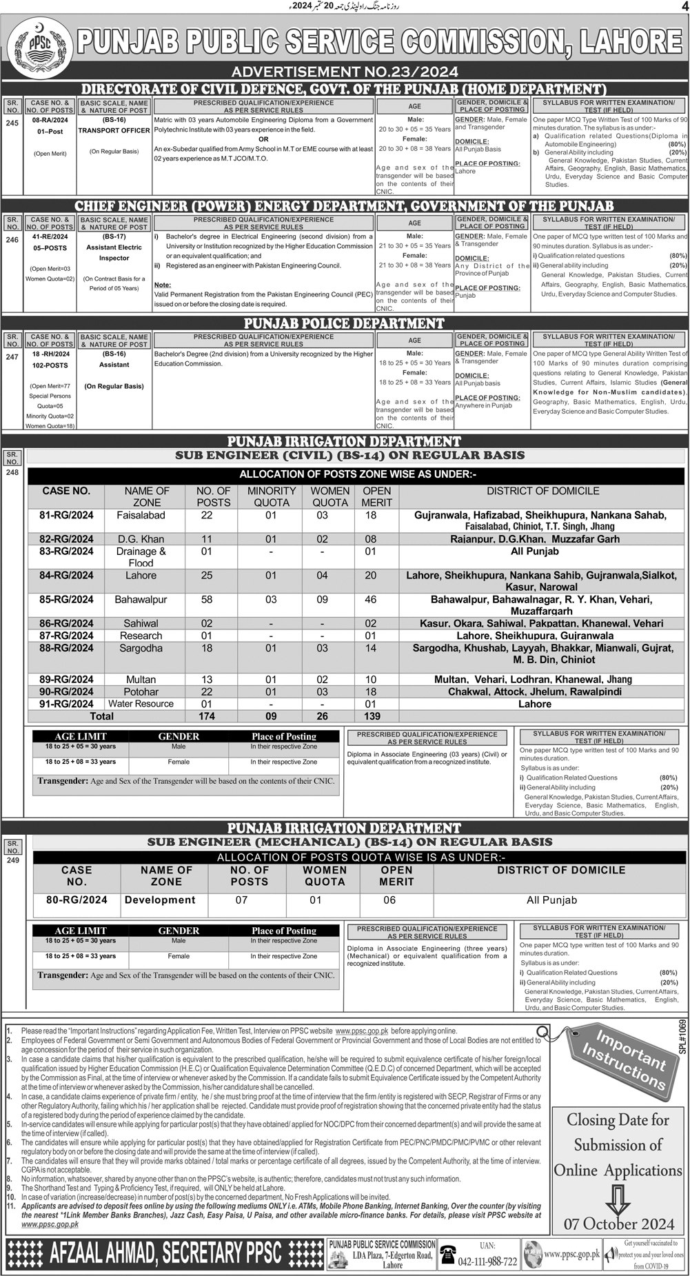 Punjab Police Department and Others PPSC Jobs Apply Online Sep 2024