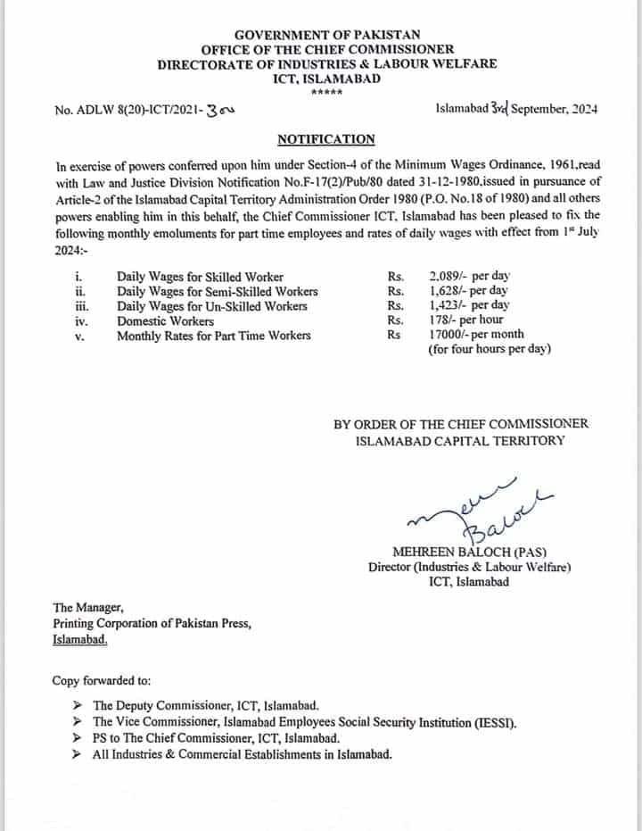 Revised Rates of Daily Wages ICT 2024