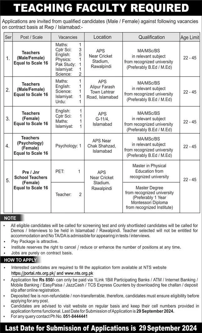 Teaching Jobs in Rawalpindi Islamabad Army Public School 2024