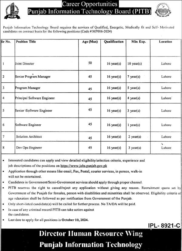 The Latest PITB Jobs Sep 2024