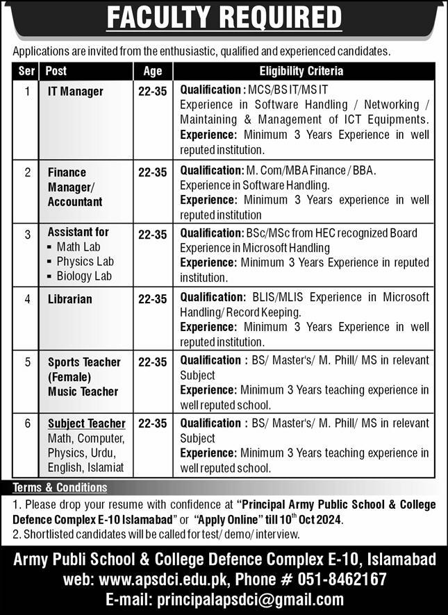 APSC Defence Complex Islamabad Teaching and NTS Vacancies 2024