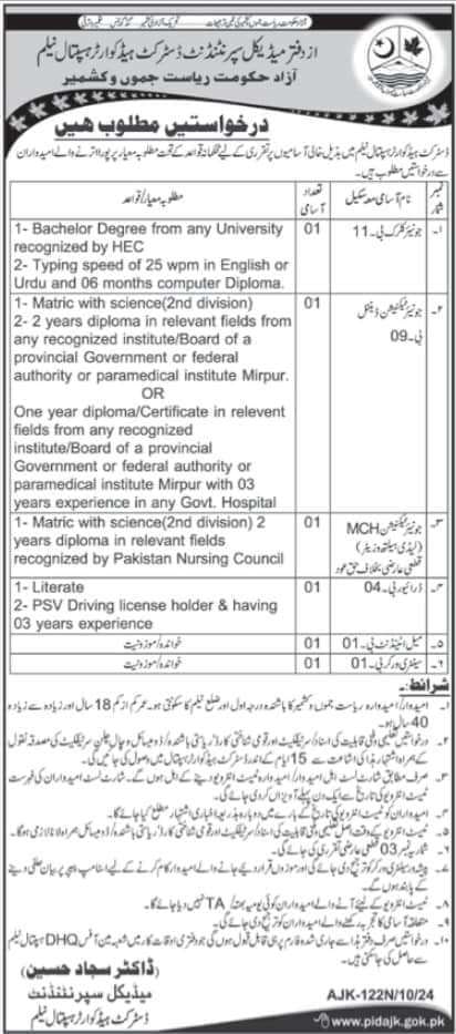 BPS-01 to BPS-11 Vacancies in District Headquarters Hospital Neelum 2024