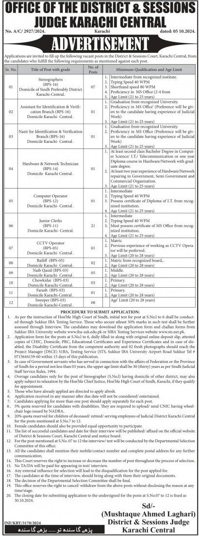 BPS-03 to BPS-16 Vacancies in District and Session Court Karachi