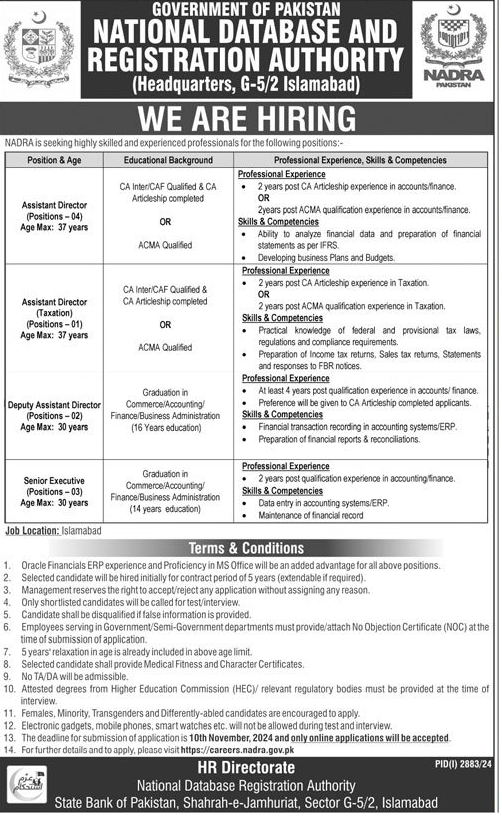 Govt of Pakistan NADRA Vacancies Oct 2024