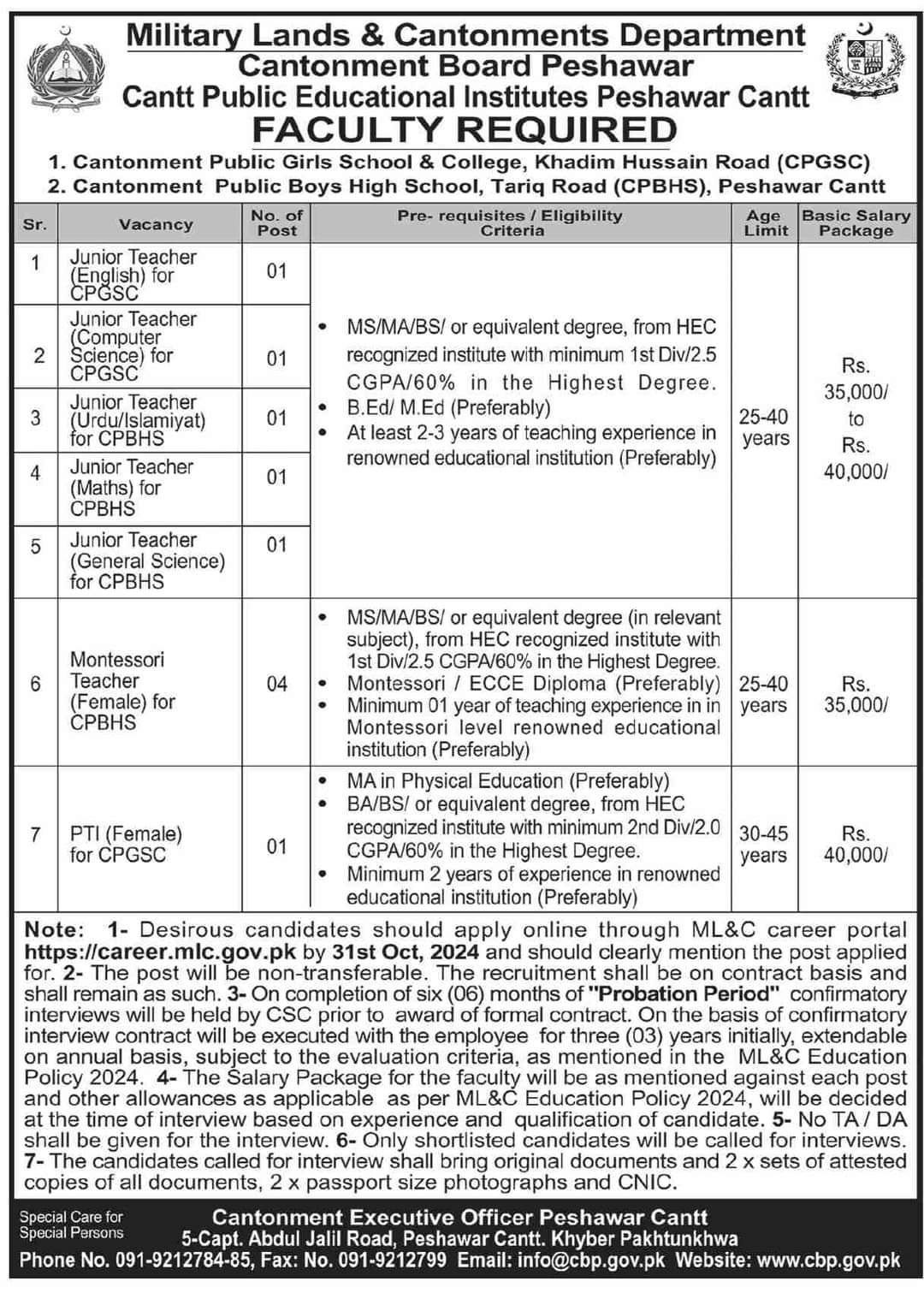 Teaching Vacancies in Cantt Public Educational Institutions Peshawar