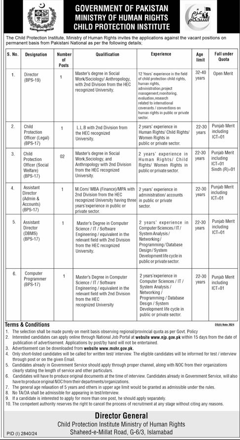 Ministry of Human Rights Child Protection Institute Vacancies 2024