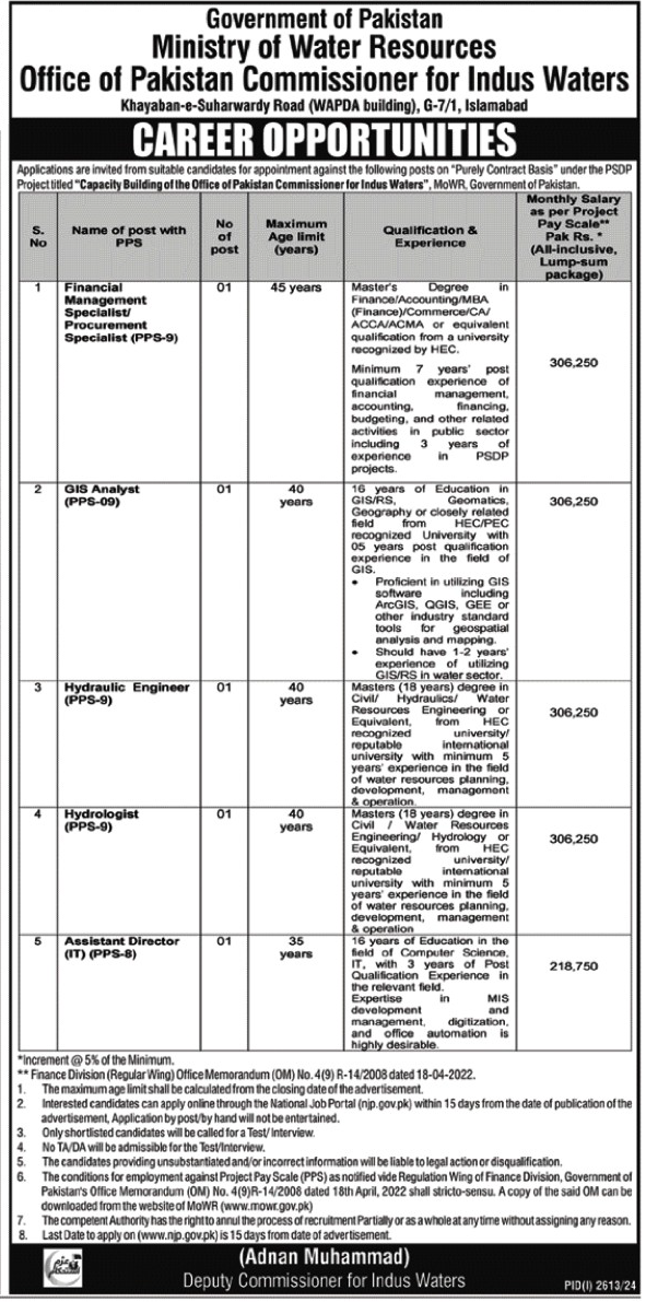 New Vacancies in Pakistan Commissioner for Indus Water