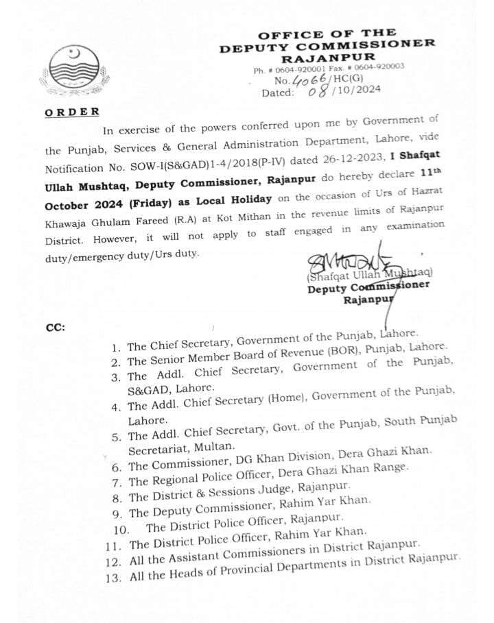 Notification Local Holiday on 11th Oct 2024 in District Rajanpur