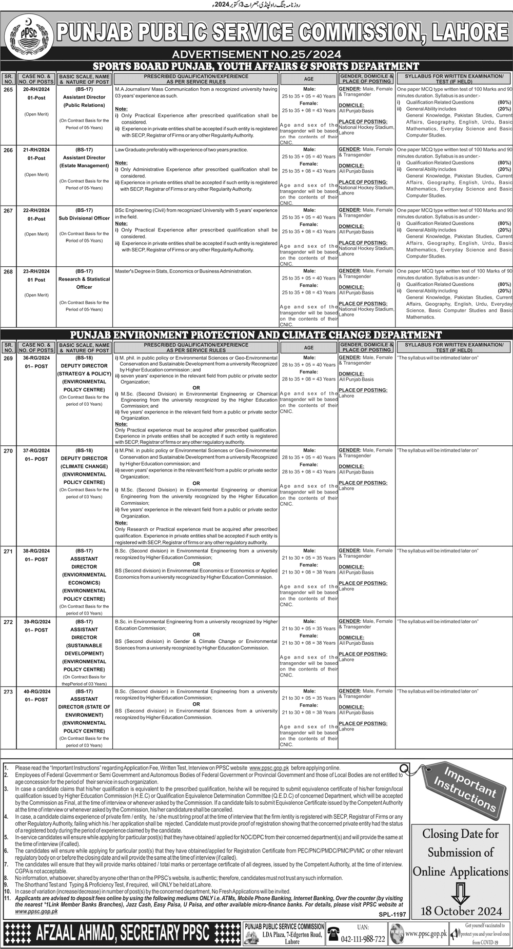 Punjab Government Vacancies through PPSC Sep 2024 