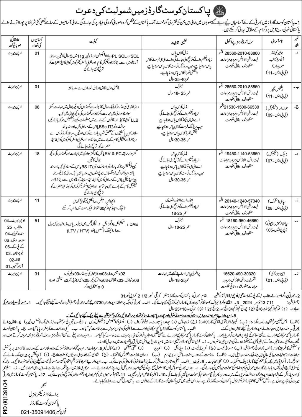 Get Registration for Pakistan Coast Guards Vacancies 2024 as per Civil Armed Forces Pay Scales