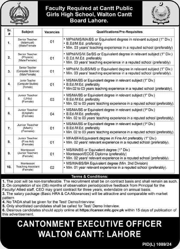 Teaching Vacancies at Cantt Public Girls High School Lahore 2024