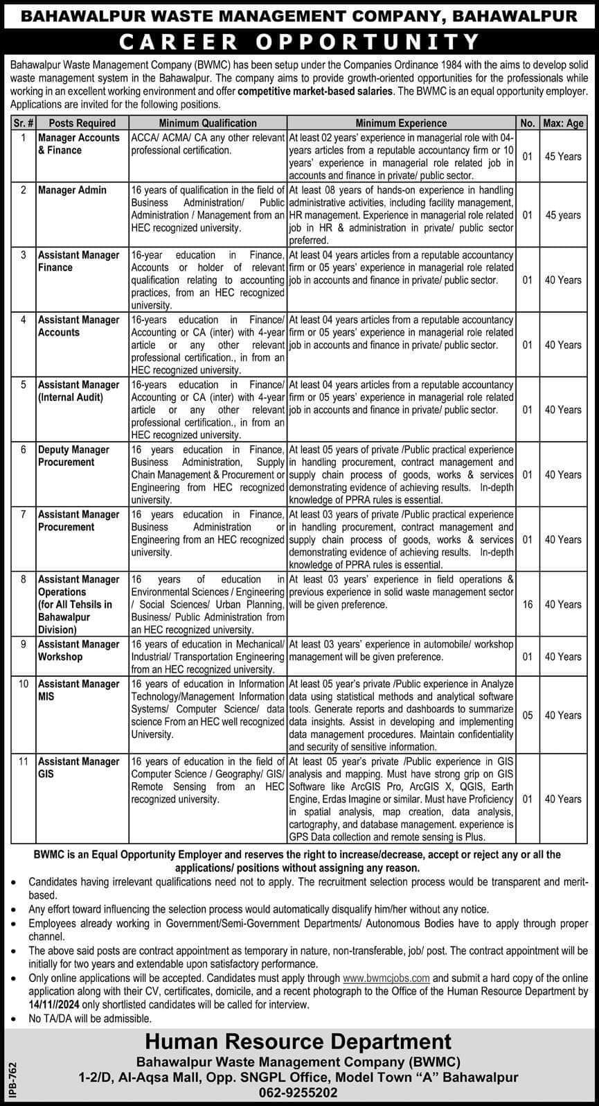 The Latest BWMC Competitive Market Based Salaried Vacancies 2024