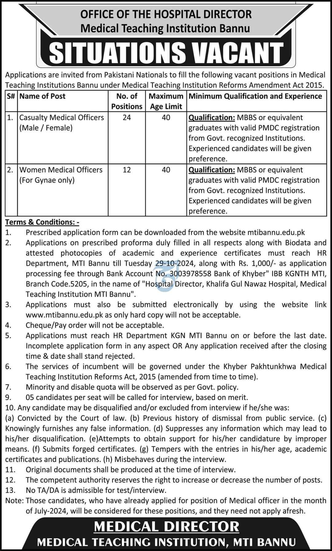 The Latest MTI Bannu Vacancies 2024