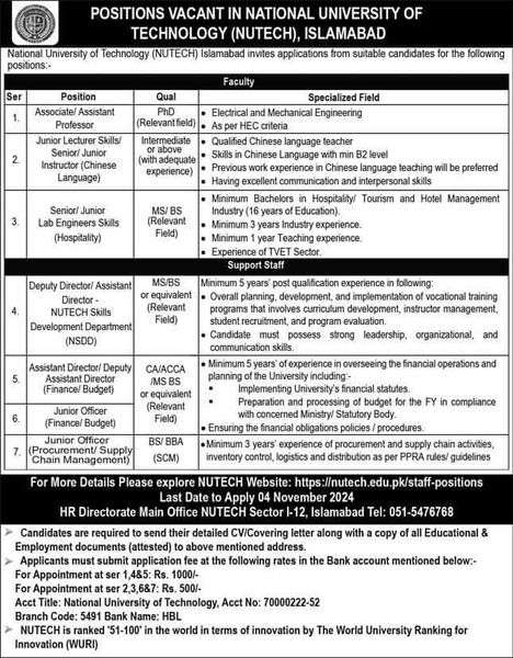 The Latest NUTECH Islamabad Vacancies 2024