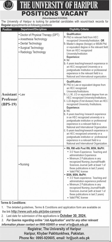 Assistant Professors and Associate Professors Jobs The University of Haripur 