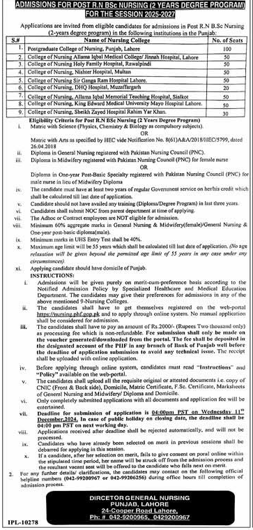 Admission Post R.N BSs Nursing (2 years degree Program 2025-2027) Punjab