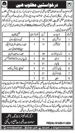 BPS-01 to BPS-11 Vacancies in Mawaslat and Tameerat Department Dera Bughti