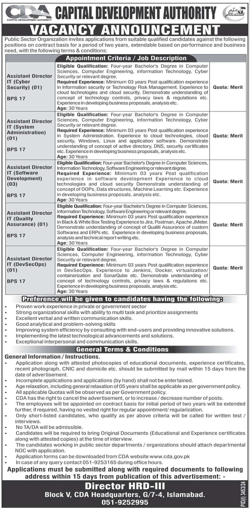 BPS-17 Vacancies in PSO CDA Islamabad 2024